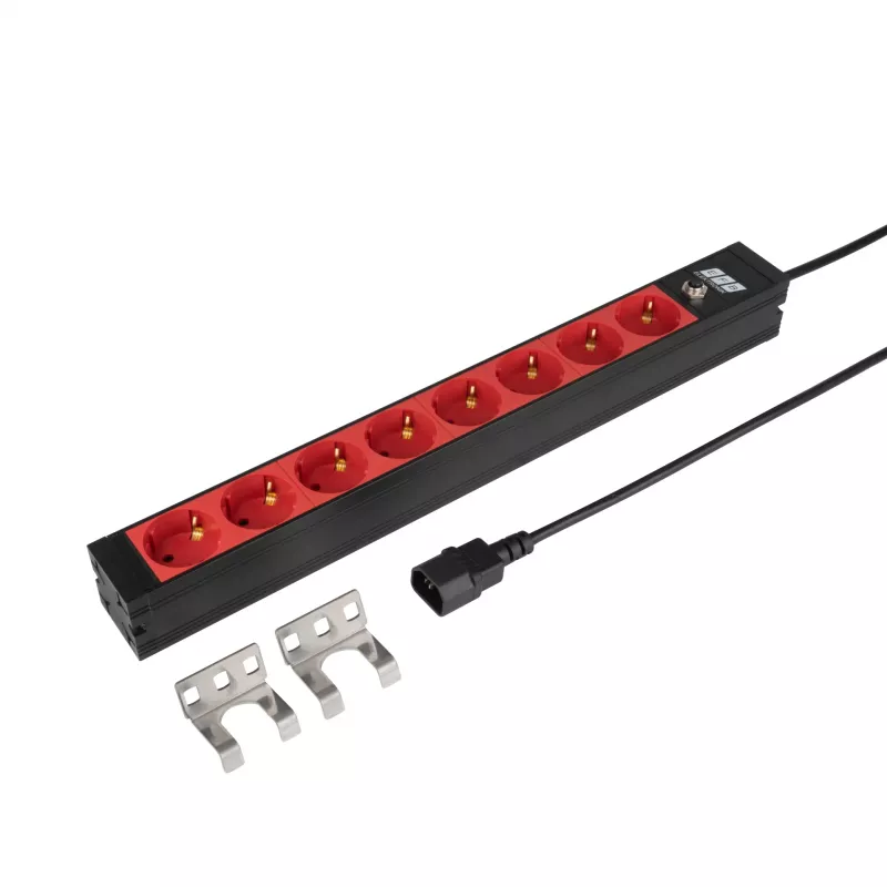 EFB Elektronik EK631CD.1V2 19 inch 1U Rackmount-PDU, 8 x CEE 7/3 rote Ausgänge, IEC C14-Eingang, 10 A Überlastschutz, Schwarz