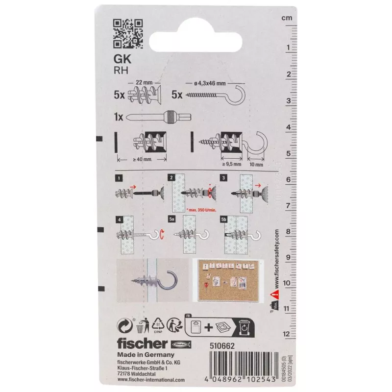 Fischer GK RH K NV Gipskartondübel mit Rundhaken, 22 mm, 1 Set (510662)