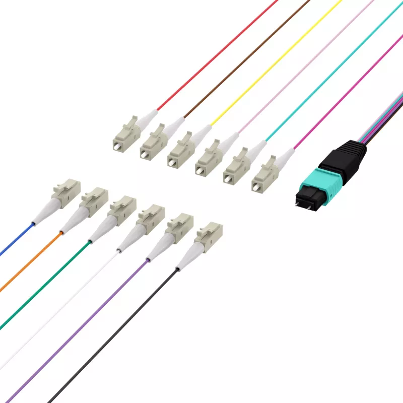 MPO-PLUS (M) auf LC Fanout-Kabel OM3 12 Fasern Typ B LSZH Aqua 1m MPOM12LCOM3-1