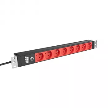 EFB ELEKTRONIK EK631CF.1V2 19-Zoll 1U Rackmount PDU, 8 x CEE 7/5 (Typ E) rote Steckdosen, IEC C14 Eingang, 10A Überlastschutz, Schwarz