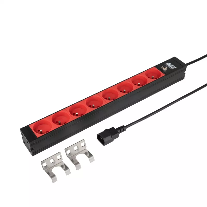 EFB ELEKTRONIK EK631CF.1V2 19-Zoll 1U Rackmount PDU, 8 x CEE 7/5 (Typ E) rote Steckdosen, IEC C14 Eingang, 10A Überlastschutz, Schwarz