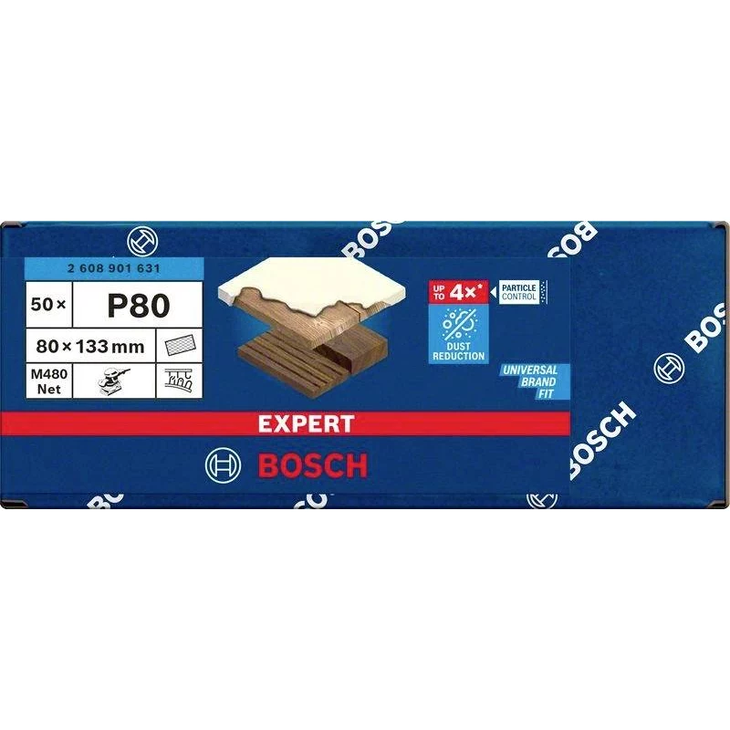 Bosch M480 Net Schleifnetz für Schwingschleifer, 133 x 80 mm, Körnung P80, 50er-Pack 2608901631