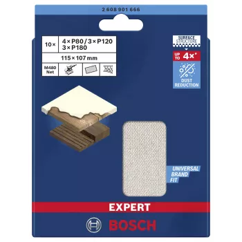 Bosch Expert M480 Schleifnetz-Set für Schwingschleifer, 3-teilig, Körnung 80/120/180, 115 x 107 mm, Klettverschluss 2608901666