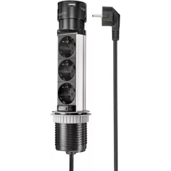 SYGONIX SY-4997104 Steckdosenturm, 6 Schutzkontakt-Steckdosen, 2 USB-A-Anschlüsse, 1,5 m Kabel, Schwarz/Silber