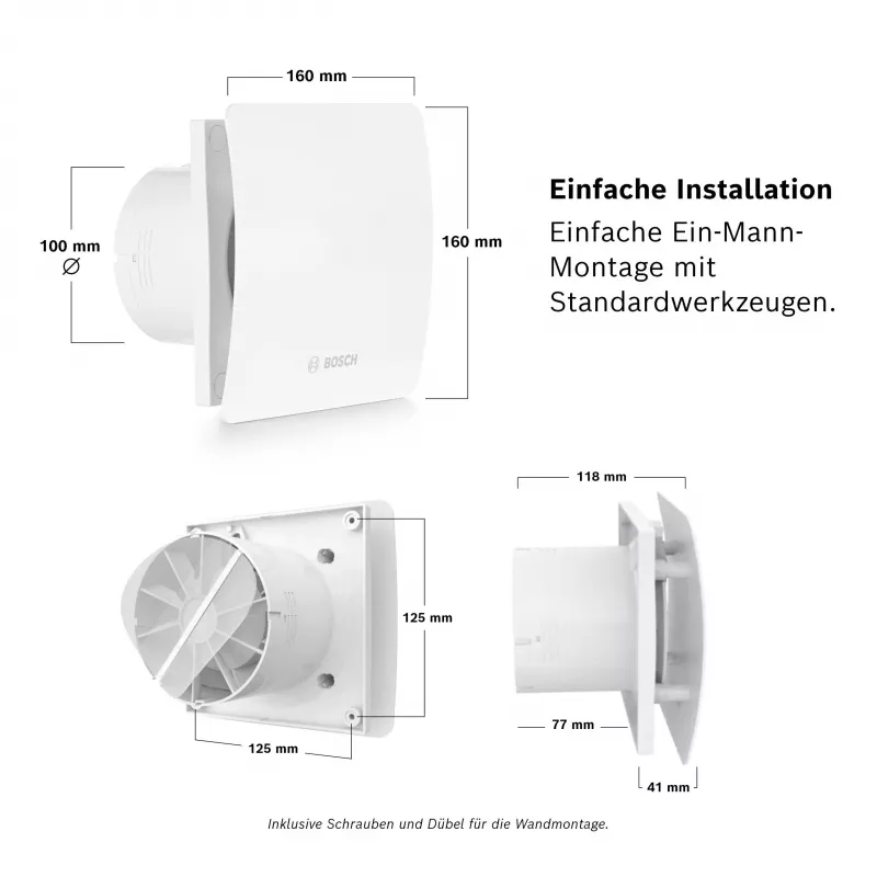 BOSCH F1500 DH 100 Badezimmer-Abluftventilator mit Nachlaufzeit DN 100 7738335626