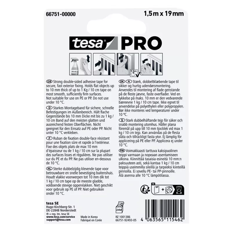 tesa Montage PRO Outdoor 66751-00000-00 Transparentes Montageband 1,5 m x 19 mm