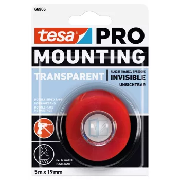 tesa Montage PRO Transparent 66965-00001-00 Doppelseitiges Acrylschaum-Montageband, 5 m x 19 mm, hält bis zu 10 kg/m, UV- und feuchtigkeitsbeständig, für Innen- und Außenbereich