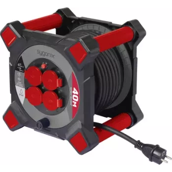 Sygonix SY-10236126 Kabeltrommel 25m H05VV-F 3G1.5 4 Schuko-Steckdosen Thermoschutz Schwarz