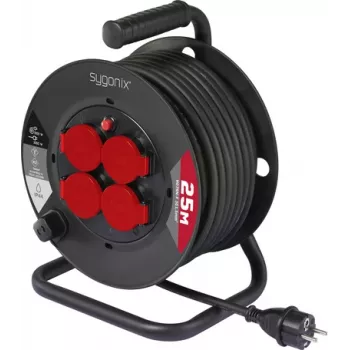 Sygonix SY-10236129 Kabeltrommel Schwarz Schuko-Stecker 25m 4 Steckdosen