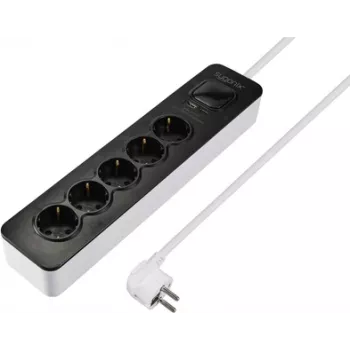 Sygonix SY-6118234 5-fach Steckdosenleiste mit Schalter, Schwarz/Weiß, 1,5m Kabel