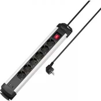 Sygonix SY-6807130 6-fach Steckdosenleiste mit beleuchtetem Schalter, Schwarz/Silber, 1,5 m Kabel