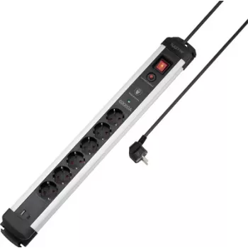 Sygonix SY-6805674 6-fach Überspannungsschutz-Steckdosenleiste mit Schalter, Schuko, 1,5 m Kabel, Schwarz/Silber