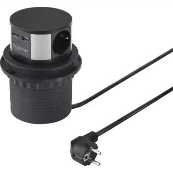Sygonix SY-6887466 3-fach Steckdosenleiste Turm, Schwarz/Silber, 1,5 m Kabel, 3 Schuko-Steckdosen, 3680 W, beleuchteter Schalter