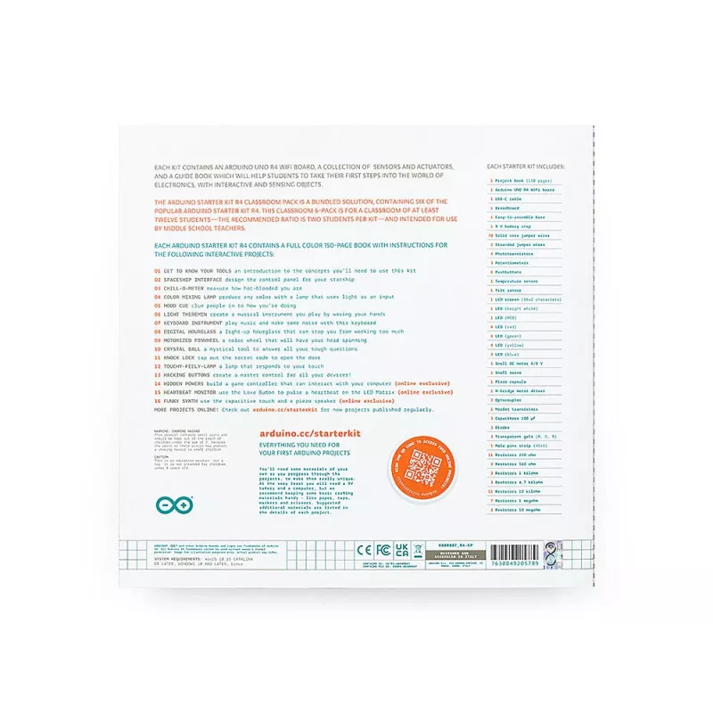 Arduino Starter Kit R4 Classroom Pack, 6 x Arduino Starter Kit R4, für eine Gruppe ab 12 Personen (K000007_R4-6P)