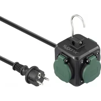 Sygonix SY-6903362 Steckdosenwürfel mit 4 Schutzkontakt-Steckdosen und 2 USB-Anschlüssen, Schwarz/Grün