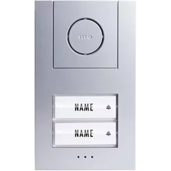 M-E MODERN-ELECTRONICS 41186 Kabelgebundenes Audio-Türsprechanlagen-Komplettset für 2 Wohneinheiten – Silberne Außenstation, Weiße Innenstationen, 2-Draht-Bus, Türöffnerfunktion