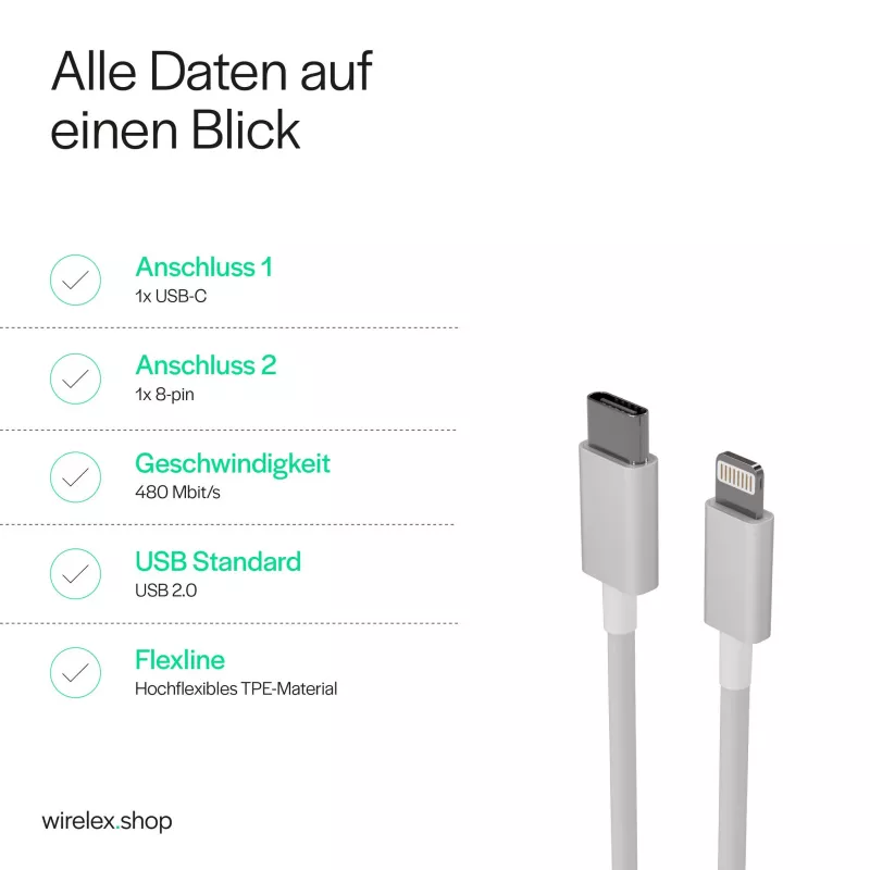 Flexline USB-C auf Lightning PD Ladekabel 2m Weiß FL31-13053