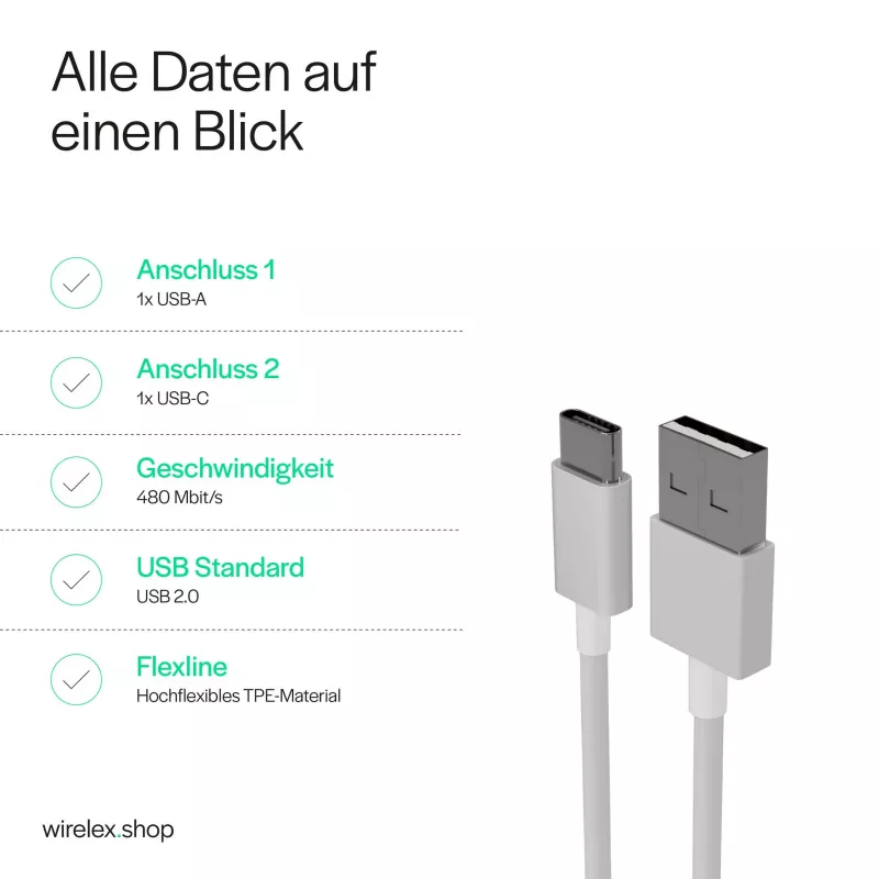Flexline USB Lade- & Synchronisationskabel, USB-A auf USB-C, 2.0, ABS, Weiß, 0,5m (FL31-13040)