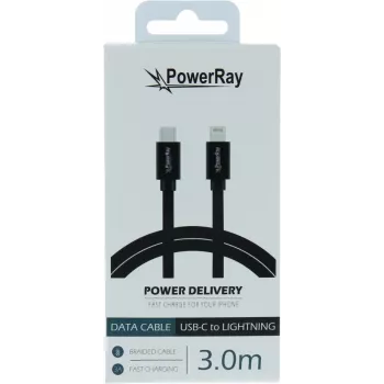 PowerRay USB-C auf Lightning Daten- und Ladekabel 3m Schwarz Textil Geflochten MFi Zertifiziert PR-DCCL300TBK