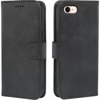 AIMOYU Premium Leder Flip Wallet Hülle für iPhone SE (2022/2020), iPhone 8/7 - Schwarz