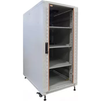 IT-BUDGET 19 inch Netzwerkschrank SRK Komplettset - 22U - 600x600 mm - Glas-/Stahltür - 4 aktive Lüfter - PDU - Fachböden - Vormontiert - Lichtgrau (99ITB19SRK2266GGM)