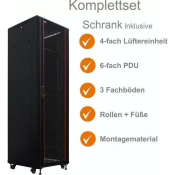 IT-BUDGET 19 inch Netzwerkschrank SRK Komplettset, 38U, 600x600 mm, Glastür vorne, Stahltür hinten, 4 aktive Lüfter, PDU, Fachböden, vormontiert, Schwarz 99ITB19SRK3866GSM
