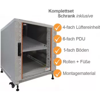IT-BUDGET 19 inch Server Rack SRK Komplettset 12U 600x1000 mm Glas-/Stahltür mit 4 aktiven Lüftern, PDU, Fachböden, Flatpack, Hellgrau 90ITB19SRK12610GG