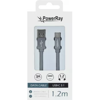 PowerRay Datenkabel PR-DCUC120TGY USB-A auf USB-C 1,2 m Textil Grau Geflochten Schnellladen & 5 Gbps Daten-Synchronisation