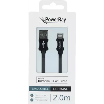 PowerRay PR-DCUL200TBK MFi-zertifiziertes USB-A auf Lightning geflochtenes Kabel, 2 m, Schwarz