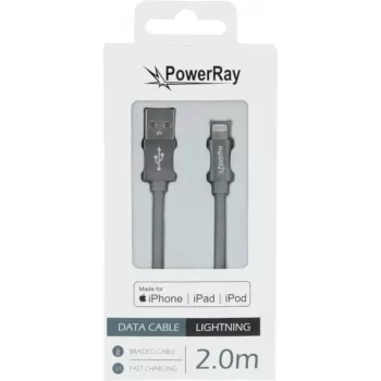PowerRay PR-DCUL200TGY MFi-zertifiziertes USB-A auf Lightning geflochtenes Kabel 2m Textil Grau