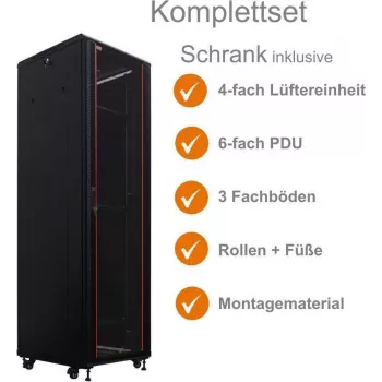 IT-BUDGET 19 inch Server Rack SRK Komplettset 42U 600x600mm Glas-/Stahltür, 4 aktive Lüfter, PDU, Fachböden, Flatpack, Schwarz 90ITB19SRK4266GS