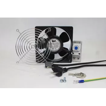 IT-BUDGET Komplettset IT-Schrankventilator mit Thermostat - 160 m³/h Luftstrom - 230 V - 1 Ventilator, Schutzgitter, Kabel, Thermostat, Schrauben (90ITBLUESET1T)