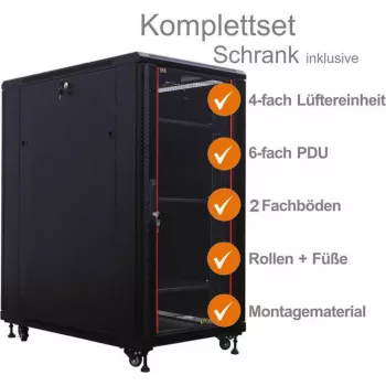 IT-BUDGET 19 inch Serverschrank SRK Komplettset, 27HE, 600x1000 mm, Glas-/Stahltür, 4 Lüfter, PDU, Fachböden, vormontiert, Schwarz 99ITB19SRK27610GSM