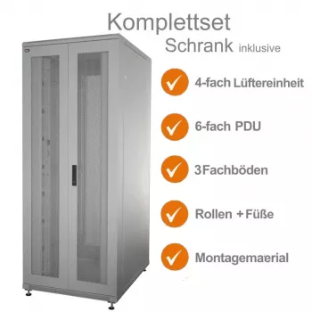 IT-BUDGET 19 inch Server Rack SRK Komplettset - 42U - BxT 800x1000 mm - Perforierte Doppeltüren vorne + hinten - 4 aktive Lüfter - PDU - Fachböden - Montiert - Hellgrau 99ITB19SRK42810DTGM
