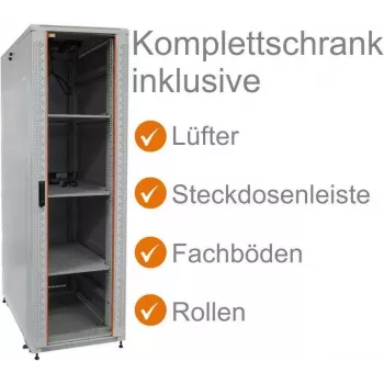 IT-BUDGET 19 inch Netzwerkschrank SRK Komplettset 38U 600x800 mm Glas-/Stahltür 4 aktive Lüfter PDU Fachböden Flatpack Lichtgrau 90ITB19SRK3868GG