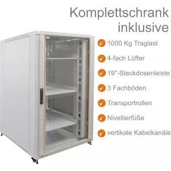 IT-BUDGET 19 inch Serverschrank SRK Komplettset - 27U - 800x1000 mm - Sicht-/Massivtür - 4 aktive Lüfter - PDU - Fachböden - Montiert - Hellgrau 99ITB19SRK27810GGM