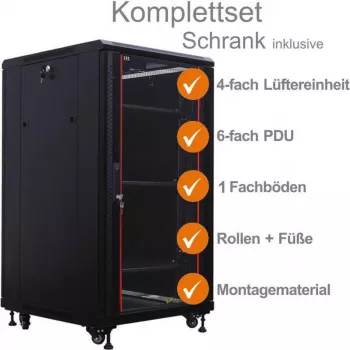 IT-BUDGET 19 inch Netzwerkschrank SRK Komplettset - 18U, 600x800 mm, Glastür vorne, Stahltür hinten, 4 aktive Lüfter, PDU, Fachböden, vormontiert, Schwarz 99ITB19SRK1868GSM