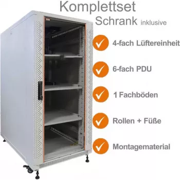 IT-BUDGET 19 inch Netzwerkschrank SRK Komplettset, 18U, 600x800 mm, Glas-/Stahltür, 4 aktive Lüfter, PDU, Fachböden, vormontiert, Lichtgrau 99ITB19SRK1868GGM