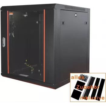 IT-BUDGET 19 inch Netzwerkschrank SWA - 4U - BxT 570 x 450 mm - Glastür - Abnehmbare Seitenteile - Wand- & Bodenmontage - Zubehörset - Schwarz (90ITB19WS4645GS)