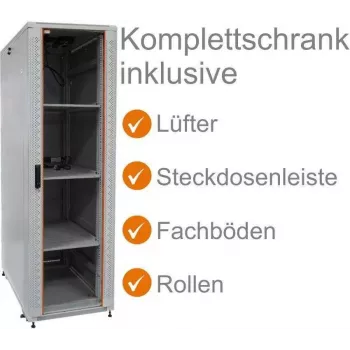IT-BUDGET 42U 19 inch Netzwerkschrank Komplettset 600x600mm Lichtgrau mit Glasfronttür, Massiver Rücktür, 4 Aktive Lüfter, PDU, Fachböden, Flatpack (90ITB19SRK4266GG)