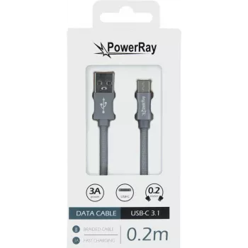 PowerRay Datenkabel PR-DCUC020TGY, USB-A auf USB-C, 0,2 m, Textilgrau, Blister