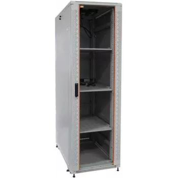 IT-BUDGET 19 inch Serverschrank SRK Komplettset, 42U, 600x1000 mm, Glas-/Stahltür, 4 aktive Lüfter, PDU, Fachböden, montiert, lichtgrau 99ITB19SRK42610GGM