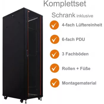 IT-BUDGET 19 inch Netzwerkschrank SRK Komplettset - 42U - 600x800 mm - Glas-/Stahltür - 4 aktive Lüfter - PDU - Fachböden - vormontiert - Schwarz (99ITB19SRK4268GSM)
