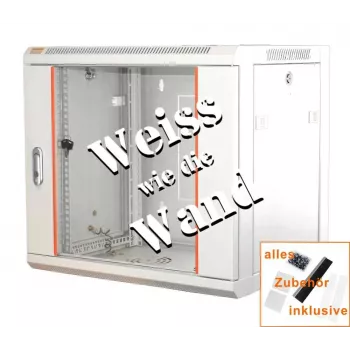 IT-BUDGET 19-Zoll-Netzwerkschrank SWA - 12U - 570x600 mm - Glastür - Abnehmbare Seitenteile - Wand-/Bodenmontage - Zubehörset - Reinweiß (90ITB19WS1266GW)