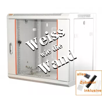 IT-BUDGET 19-Zoll-Netzwerkschrank SWA - 12U - 570x600 mm - Glastür - Abnehmbare Seitenteile - Wand-/Bodenmontage - Zubehörset - Reinweiß (90ITB19WS1266GW)