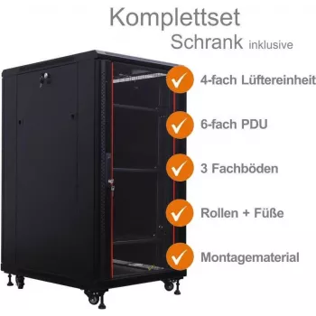 IT-BUDGET 19 inch Netzwerkschrank SRK Komplettset - 22U - 600x800 mm - Glas-/Stahltür - 4 aktive Lüfter - PDU - Fachböden - Montiert - Schwarz (99ITB19SRK2268GSM)