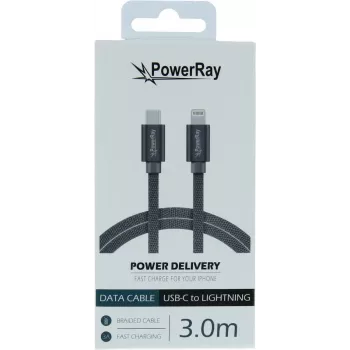 PowerRay USB-C auf Lightning geflochtenes Kabel 3m Textil Grau PR-DCCL300TGY