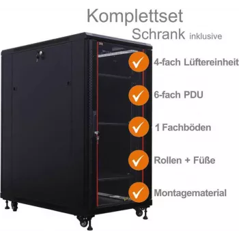 IT-BUDGET 19 inch Netzwerkschrank SRK Komplettset - 18U - 600x1000 mm - Glas-/Massivstahltür - 4 aktive Lüfter - PDU - Fachböden - vormontiert - Schwarz 99ITB19SRK18610GSM