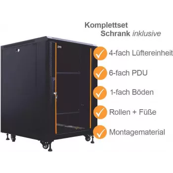 IT-BUDGET 19 inch Netzwerkschrank SRK Komplettset 12U 600x800 mm Glas-/Stahltür 4 aktive Lüfter PDU Fachböden vormontiert Schwarz 99ITB19SRK1268GSM