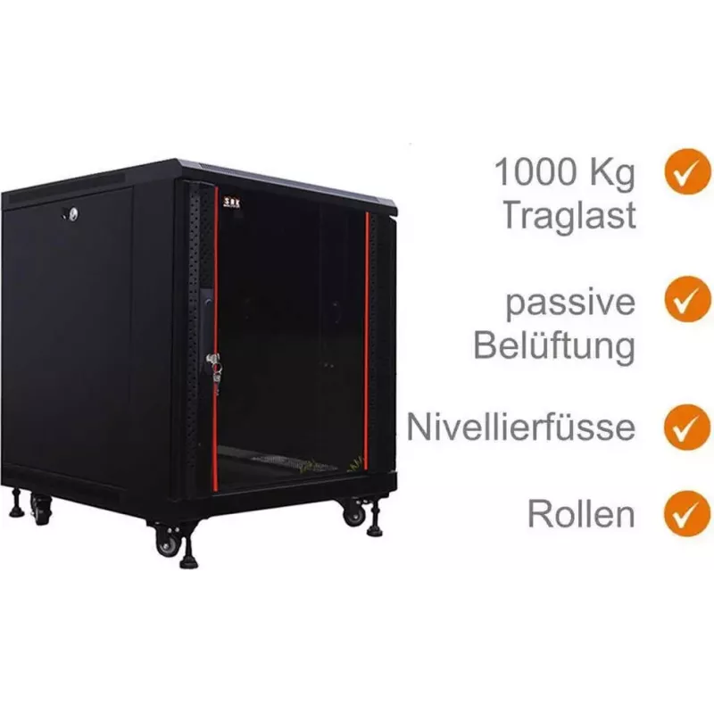 IT-BUDGET 19 inch Netzwerkschrank SRK - 12U - 600x800 mm - Glas-/Stahltür - Flatpack - Schwarz (90ITB19SRK1268GSN)